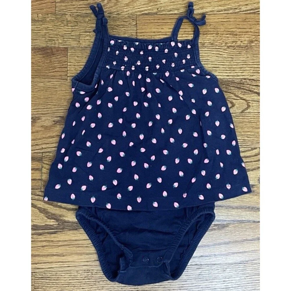 Carter's Strawberry Pink Cotton AOP Romper Ruffle Smocked Baby Girl 12 Months